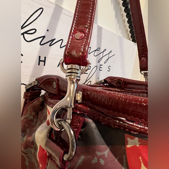 BURBERRY Burgundy Patent Beat Nova Check Floral Satchel Bag Purse HOST PICK - Picture 8 of 15